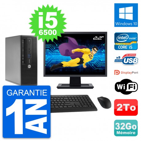 PC HP 400 G3 SFF Ecran 22" Intel i5-6500 RAM 32Go Disque 2To Windows 10 Wifi