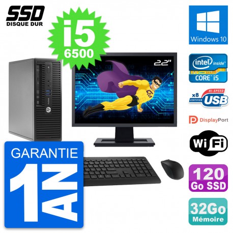 PC HP ProDesk 400 G3 SFF Ecran 22" i5-6500 RAM 32Go SSD 120Go Windows 10 Wifi