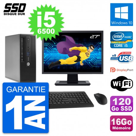 PC HP ProDesk 400 G3 SFF Ecran 27" i5-6500 RAM 16Go SSD 120Go Windows 10 Wifi
