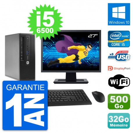 PC HP 400 G3 SFF Ecran 27" Intel i5-6500 RAM 32Go Disque 500Go Windows 10 Wifi
