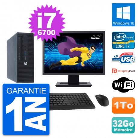 PC HP 400 G3 SFF Ecran 22" Intel i7-6700 RAM 32Go Disque 1To Windows 10 Wifi