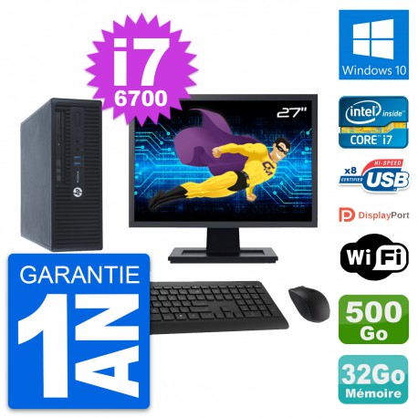 PC HP 400 G3 SFF Ecran 27" Intel i7-6700 RAM 32Go Disque 500Go Windows 10 Wifi