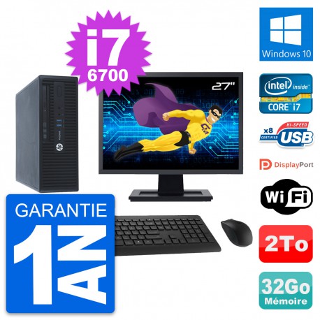 PC HP 400 G3 SFF Ecran 27" Intel i7-6700 RAM 32Go Disque 2To Windows 10 Wifi