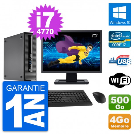 PC HP 400 G1 SFF Ecran 19" Intel i7-4770 RAM 4Go Disque 500Go Windows 10 Wifi