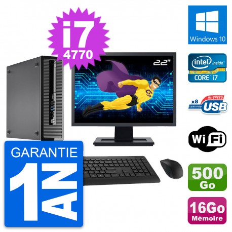 PC HP 400 G1 SFF Ecran 22" Intel i7-4770 RAM 16Go Disque 500Go Windows 10 Wifi