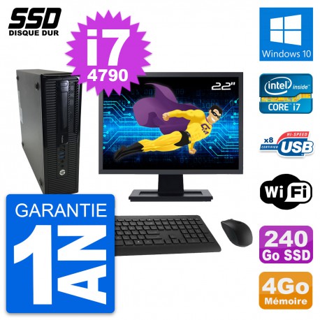 PC HP ProDesk 400 G1 SFF Ecran 22" i7-4790 RAM 4Go SSD 240Go Windows 10 Wifi