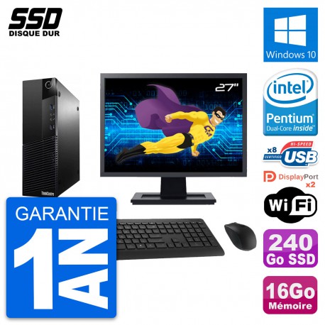 PC Lenovo M83 SFF Ecran 27" Intel G3220 RAM 16Go SSD 240Go Windows 10 Wifi