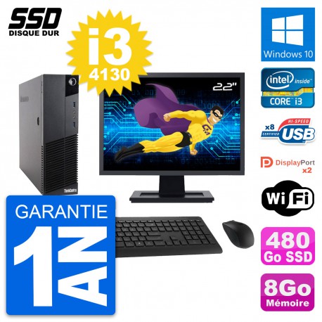 PC Lenovo M83 SFF Ecran 22" Intel Core i3-4130 RAM 8Go SSD 480Go Windows 10 Wifi