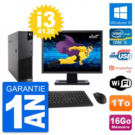 PC Lenovo M83 SFF Ecran 22" Core i3-4130 RAM 16Go Disque Dur 1To Windows 10 Wifi