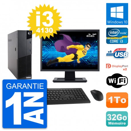 PC Lenovo M83 SFF Ecran 22" Core i3-4130 RAM 32Go Disque Dur 1To Windows 10 Wifi