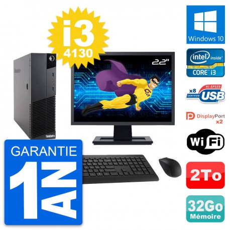 PC Lenovo M83 SFF Ecran 22" Core i3-4130 RAM 32Go Disque Dur 2To Windows 10 Wifi