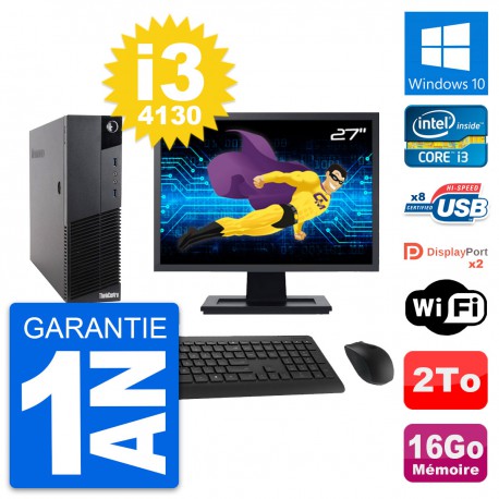 PC Lenovo M83 SFF Ecran 27" Core i3-4130 RAM 16Go Disque Dur 2To Windows 10 Wifi