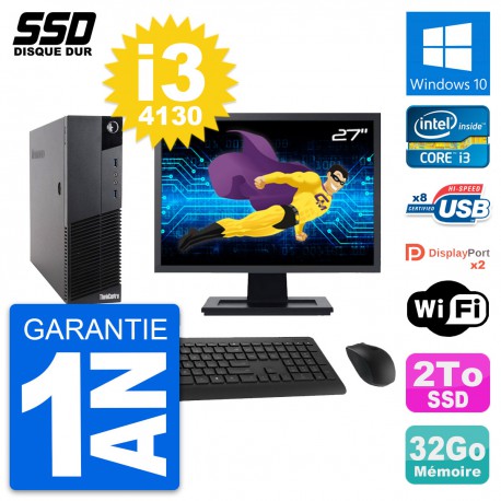 PC Lenovo M83 SFF Ecran 27" Intel Core i3-4130 RAM 32Go SSD 2To Windows 10 Wifi