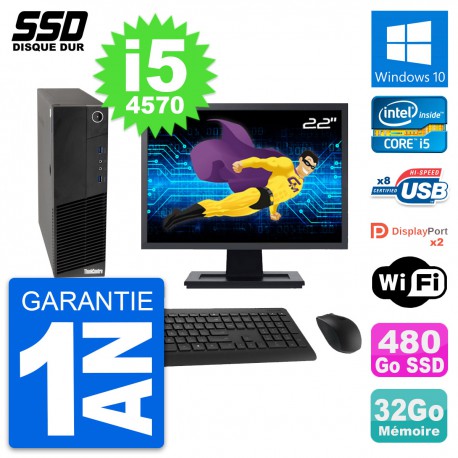 PC Lenovo M83 SFF Ecran 22" Intel i5-4570 RAM 32Go SSD 480Go Windows 10 Wifi
