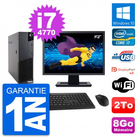 PC Lenovo M83 SFF Ecran 19" Intel i7-4770 RAM 8Go Disque Dur 2To Windows 10 Wifi