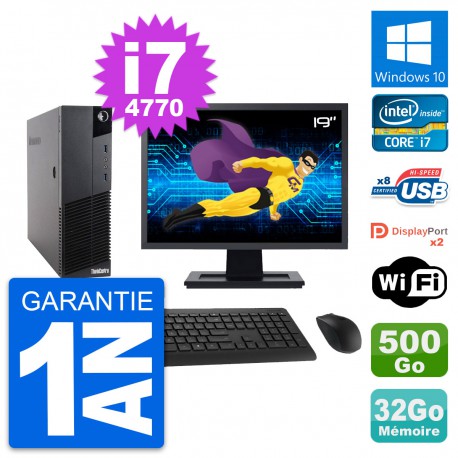PC Lenovo M83 SFF Ecran 19" Intel i7-4770 RAM 32Go Disque 500Go Windows 10 Wifi