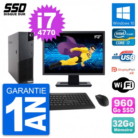 PC Lenovo M83 SFF Ecran 19" Intel i7-4770 RAM 32Go SSD 960Go Windows 10 Wifi
