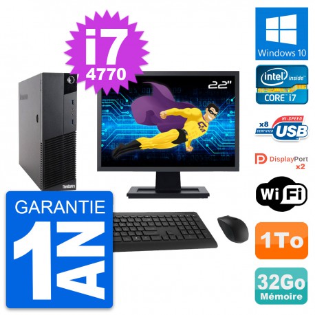 PC Lenovo M83 SFF Ecran 22" Core i7-4770 RAM 32Go Disque Dur 1To Windows 10 Wifi