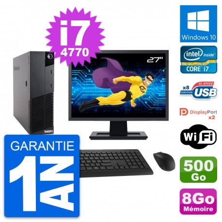 PC Lenovo M83 SFF Ecran 27" Intel i7-4770 RAM 8Go Disque 500Go Windows 10 Wifi