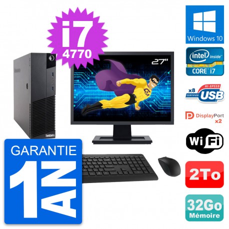 PC Lenovo M83 SFF Ecran 27" Core i7-4770 RAM 32Go Disque Dur 2To Windows 10 Wifi
