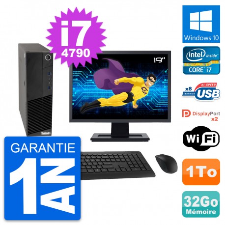 PC Lenovo M83 SFF Ecran 19" Core i7-4790 RAM 32Go Disque Dur 1To Windows 10 Wifi