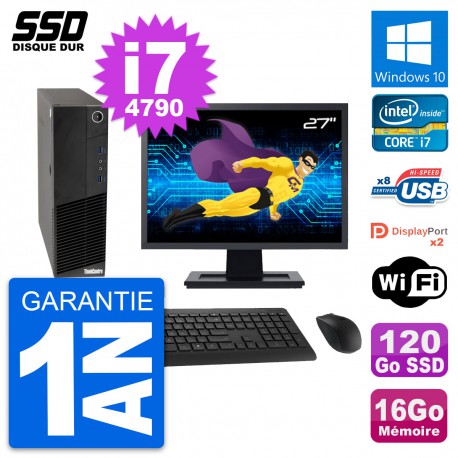 PC Lenovo M83 SFF Ecran 27" Intel i7-4790 RAM 16Go SSD 120Go Windows 10 Wifi