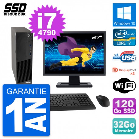 PC Lenovo M83 SFF Ecran 27" Intel i7-4790 RAM 32Go SSD 120Go Windows 10 Wifi