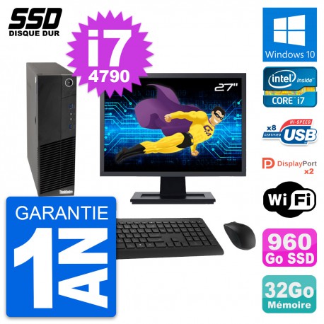 PC Lenovo M83 SFF Ecran 27" Intel i7-4790 RAM 32Go SSD 960Go Windows 10 Wifi