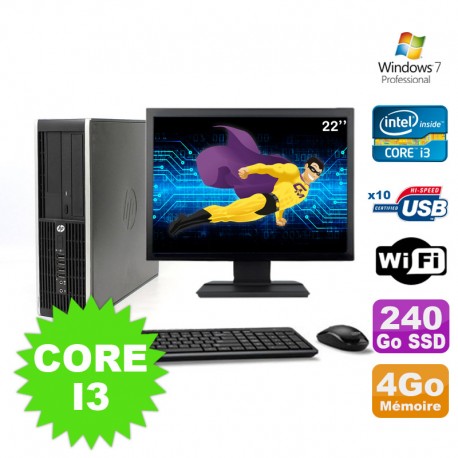 Lot PC HP Compaq Elite 8100 SFF Core I3-530 4Go 240Go SSD DVD WIFI W7 + Ecran 22"
