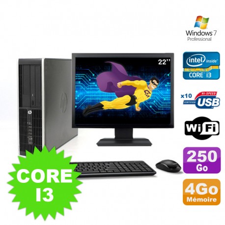 Lot PC HP Compaq Elite 8100 SFF Core I3-530 4Go 250Go DVD WIFI W7 + Ecran 22"