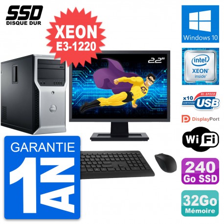 PC Tour Dell T1600 Ecran 22" Intel E3-1220 RAM 32Go SSD 240Go Windows 10 Wifi