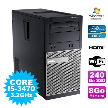 PC Tour DELL Optiplex 3010 MT Intel I5-3470 Graveur 8Go 240Go SSD HDMI Wifi W7