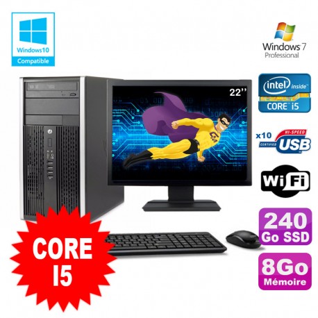 Lot PC Tour HP 8200 Core I5 3.1Ghz 8Go 240Go SSD Graveur WIFI W7 + Ecran 22