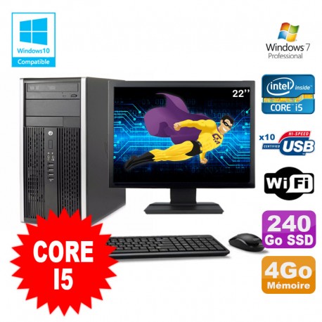 Lot PC Tour HP 8200 Core I5 3.1Ghz 4Go 240Go SSD Graveur WIFI W7 + Ecran 22