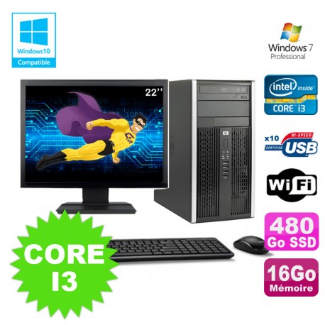 Lot PC Tour HP Pro 6200 Core I3 3.1Ghz 16Go 480Go SSD Graveur WIFI W7 + Ecran 22"