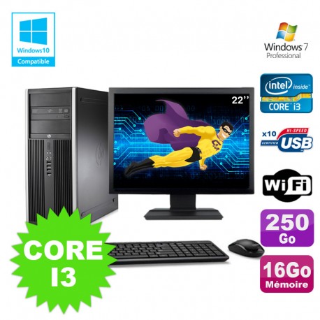 Lot PC Tour HP 8200 Core I3-2120 16Go 250Go Graveur WIFI W7 + Ecran 22