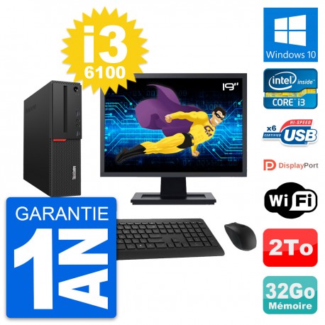 PC Lenovo M700 SFF Ecran 19" Intel i3-6100 RAM 32Go Disque 2To Windows 10 Wifi