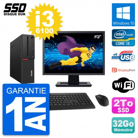 PC Lenovo M700 SFF Ecran 19" Intel Core i3-6100 RAM 32Go SSD 2To Windows 10 Wifi