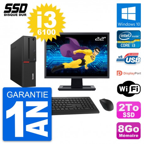 PC Lenovo M700 SFF Ecran 22" Intel Core i3-6100 RAM 8Go SSD 2To Windows 10 Wifi