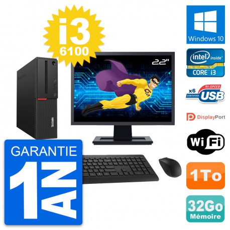 PC Lenovo M700 SFF Ecran 22" Intel i3-6100 RAM 32Go Disque 1To Windows 10 Wifi