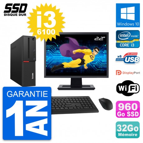PC Lenovo M700 SFF Ecran 22" Intel i3-6100 RAM 32Go SSD 960Go Windows 10 Wifi