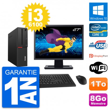 PC Lenovo M700 SFF Ecran 27" Intel i3-6100 RAM 8Go Disque 1To Windows 10 Wifi