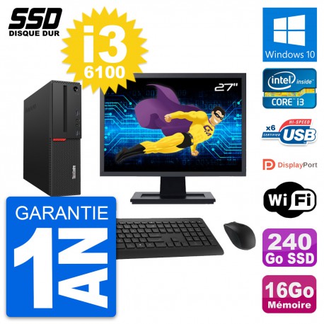 PC Lenovo M700 SFF Ecran 27" Intel i3-6100 RAM 16Go SSD 240Go Windows 10 Wifi