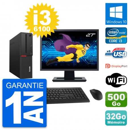 PC Lenovo M700 SFF Ecran 27" Intel i3-6100 RAM 32Go Disque 500Go Windows 10 Wifi