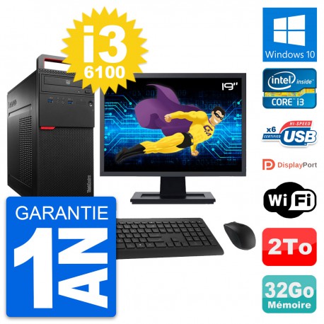 PC Tour Lenovo M700 Ecran 19" Intel i3-6100 RAM 32Go Disque 2To Windows 10 Wifi