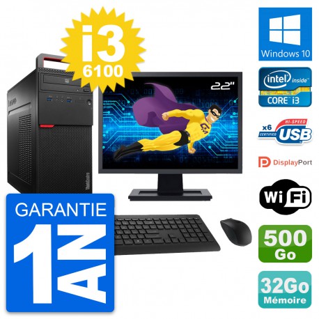 PC Tour Lenovo M700 Ecran 22" Core i3-6100 RAM 32Go Disque 500Go Windows 10 Wifi