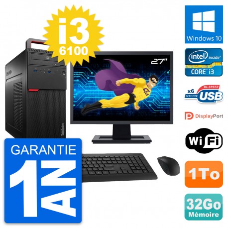 PC Tour Lenovo M700 Ecran 27" Intel i3-6100 RAM 32Go Disque 1To Windows 10 Wifi