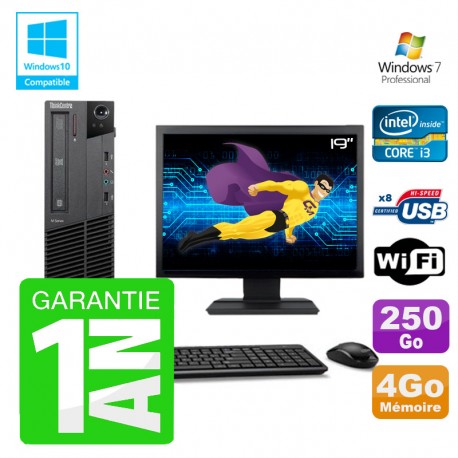 PC Lenovo M91p SFF Intel I3-2120 4Go Disque 250Go Graveur Wifi W7 Ecran 19"