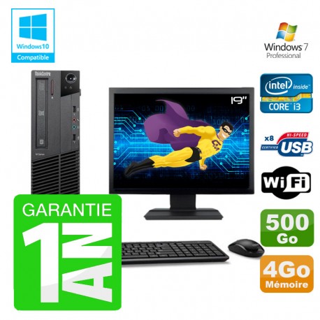 PC Lenovo M91p SFF Intel I3-2120 4Go Disque 500Go Graveur Wifi W7 Ecran 19"