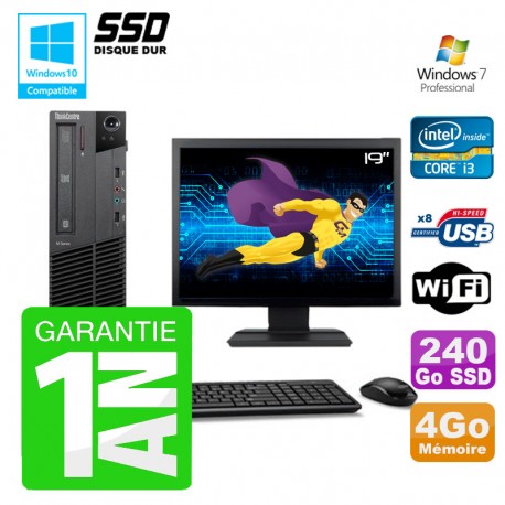 PC Lenovo M91p SFF Intel I3-2120 4Go Disque 240Go SSD Graveur Wifi W7 Ecran 19"